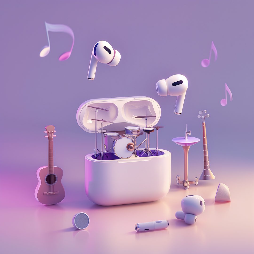 First AI output — earbuds case with a drum kit, instruments and notes all around