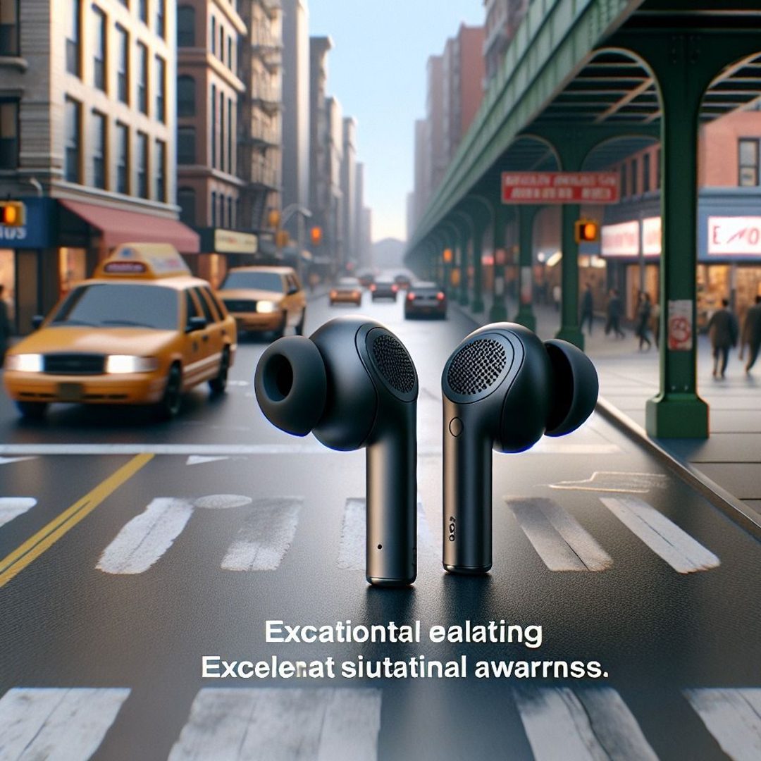 Reference — earbuds standing in a city street