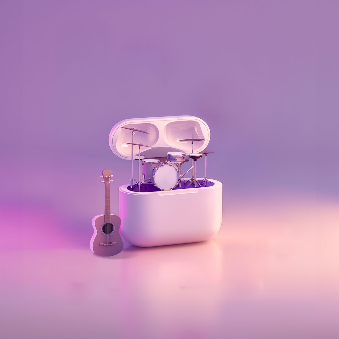 Refined AI output — a single drum kit inside the case with one guitar