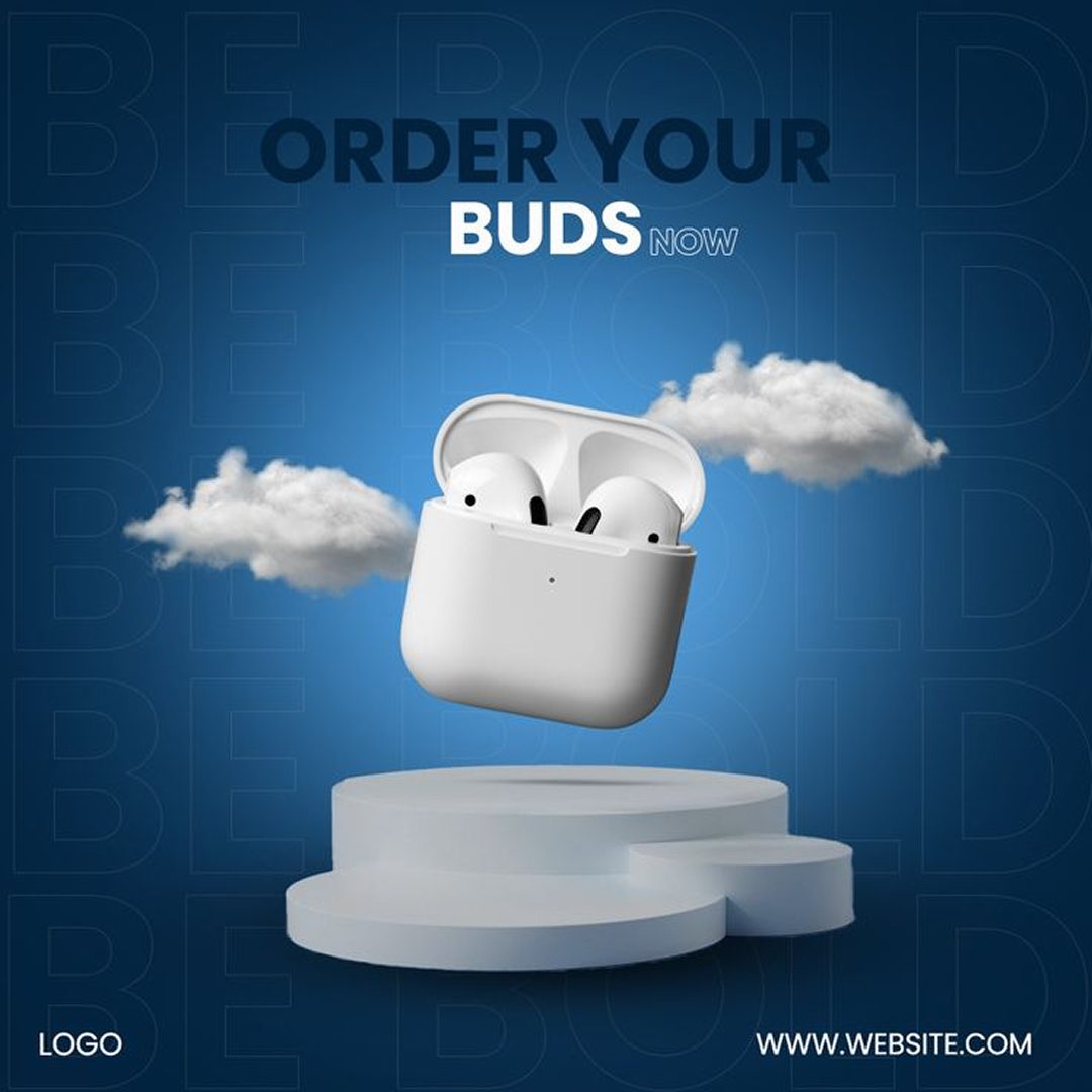Pinterest reference — floating earbuds on a podium