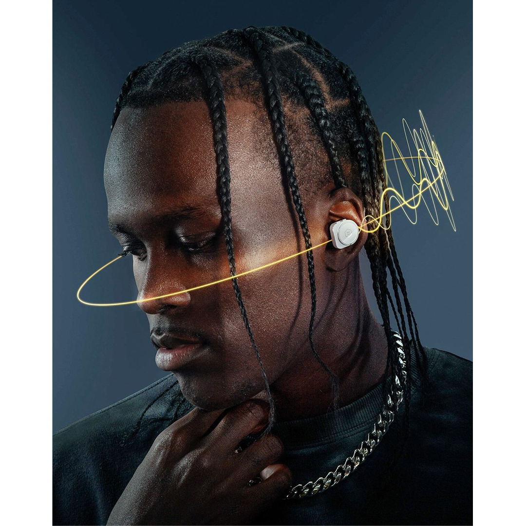 Black earbuds portrait with sound-wave light trail