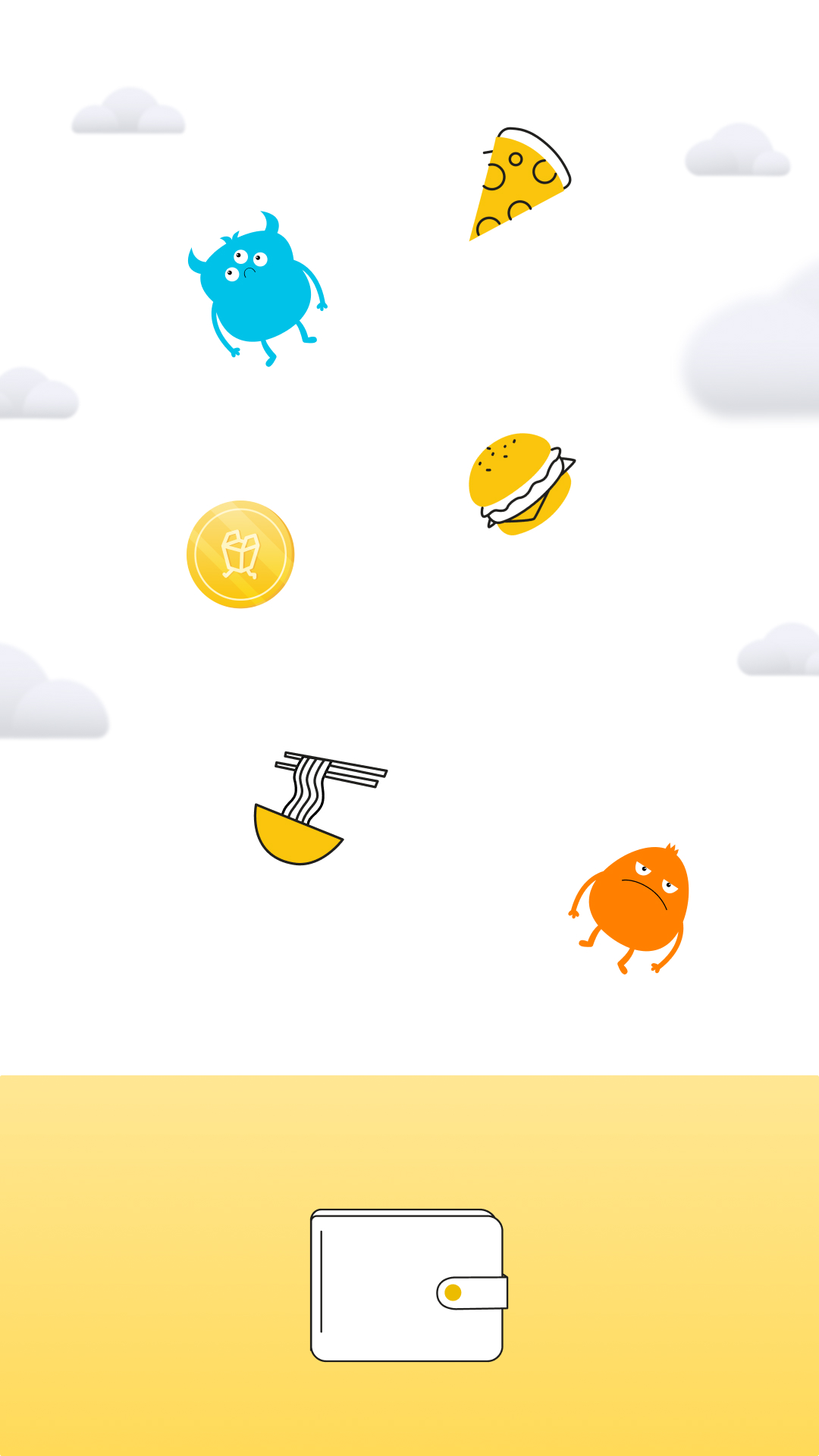 Mishloha gameplay screen with falling monsters and food items